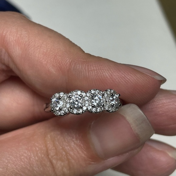 Classic 4 Stone Halo Wedding Band Ring - Picture 1 of 16